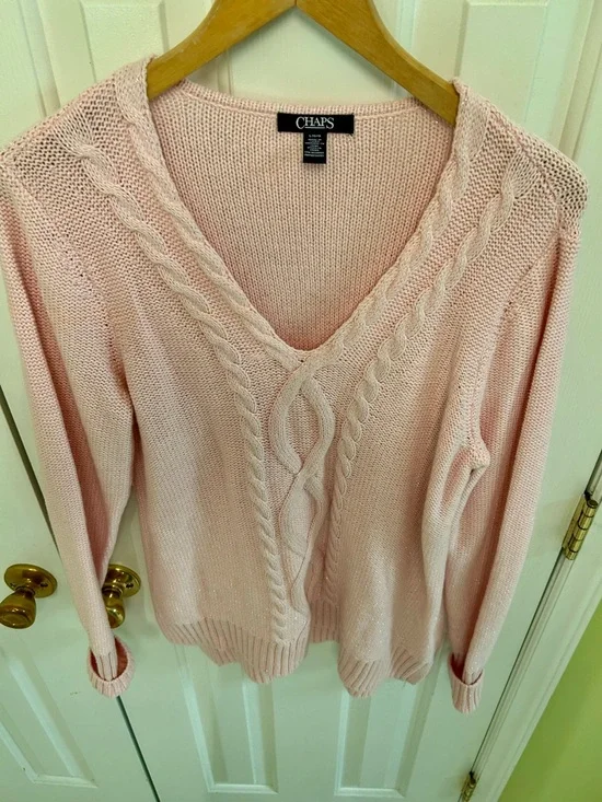 Chaps Pink Cable Knit Sweater Silver Metallic Thread Size Large - Picture 5 of 9